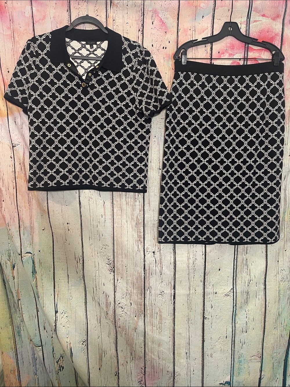 Talbots Black and White Lattice Knit Skirt Set Large Top, Petite Large Skirt